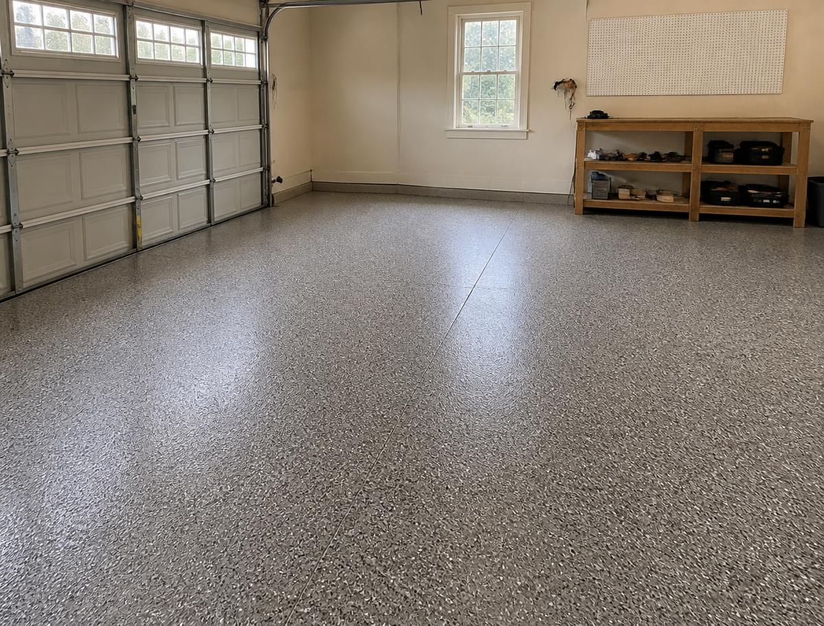Gray flake high-performance epoxy coating on a residential garage floor