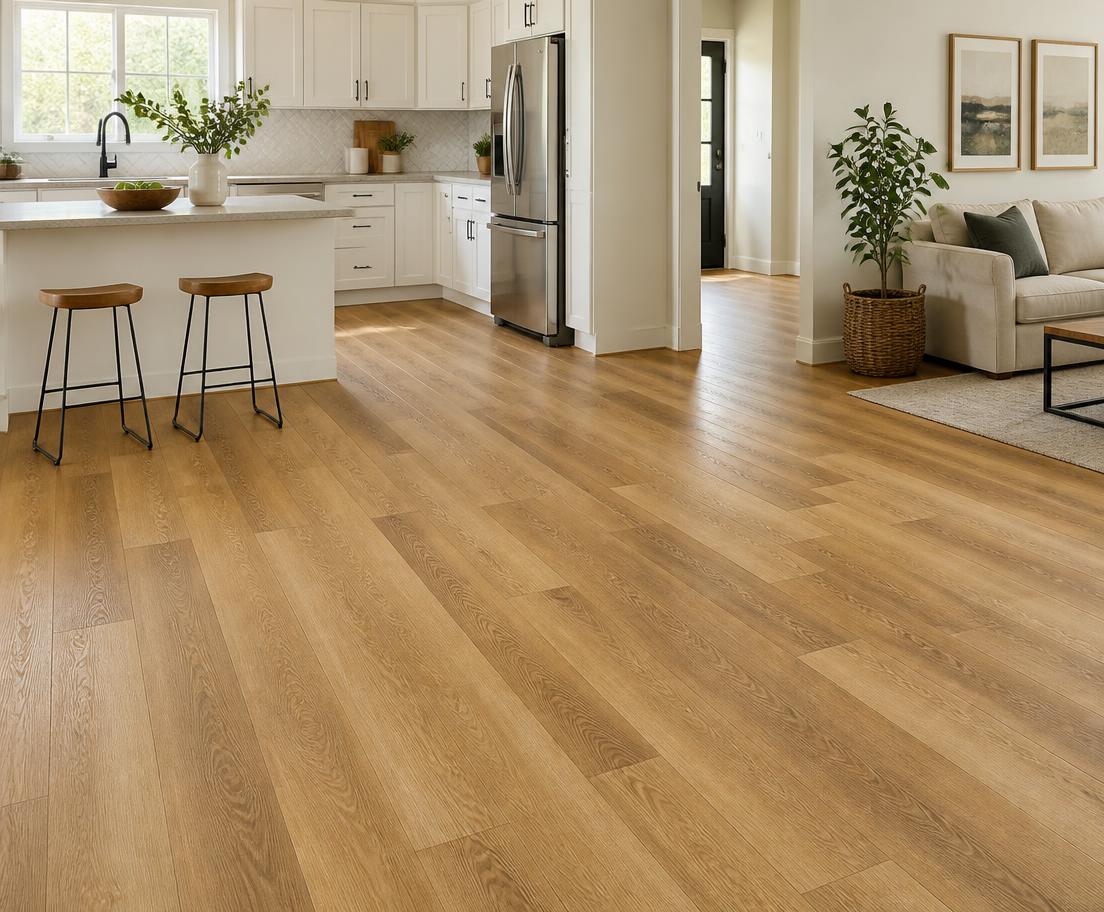 Warm oak luxury vinyl plank flooring in a bright kitchen and living area